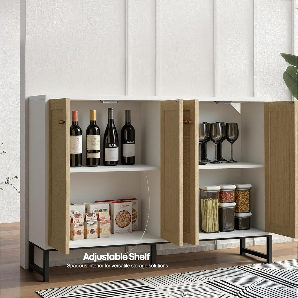 Panana Sideboard Accent Storage Cabinet with Rattan Decorated 4 Doors Dining Room Freestanding Kitchen Buffet Table Cupboard (White)