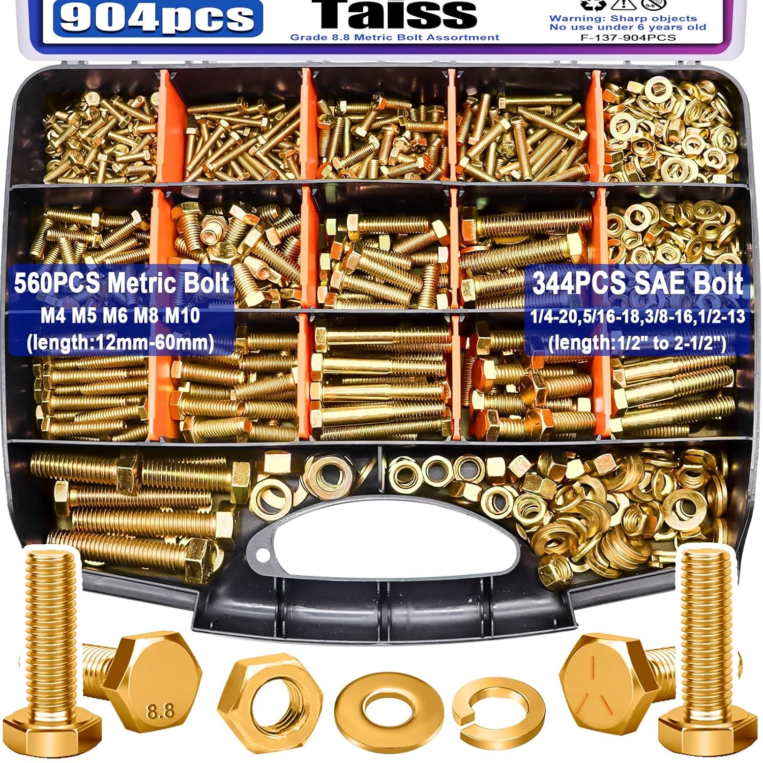 Taiss 904pcs Grade 8.8 Metric Bolt Assortment & SAE Nuts and Bolts Assortment Kit,M4 M5 M6 M8 M10 1/4-20,5/16-18,3/8-16 1/2-13(12-60mm)+618pcs Grade 8.8 Bolts and Nuts Kit,Bolt Assortment Kit