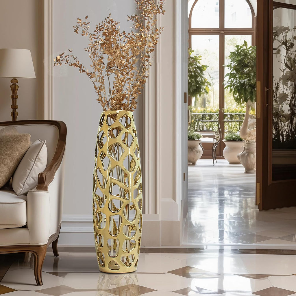 Ceramic Vase Large Floor Vase Handmade Ceramic Flower Holder Hand Carved Sophisticated Vessel for Decorative Branches and Dried Flowers 24 Inches Gold