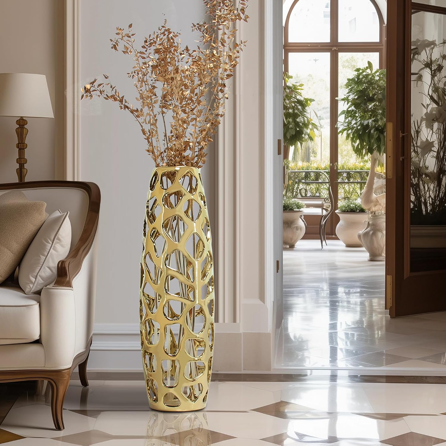 Ceramic Vase Large Floor Vase Handmade Ceramic Flower Holder Hand Carved Sophisticated Vessel for Decorative Branches and Dried Flowers 24 Inches Gold