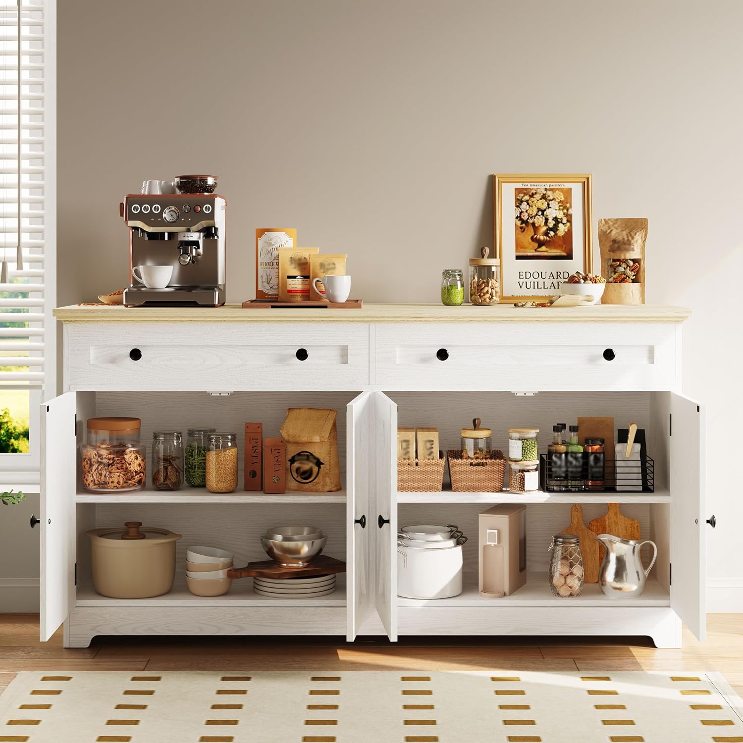IRONCK Buffet Cabinet with Storage, Sideboard Storage Cabinet with Drawers, Coffee Bar Cabinet, Kitchen Cabinet with Doors, Natural Wood