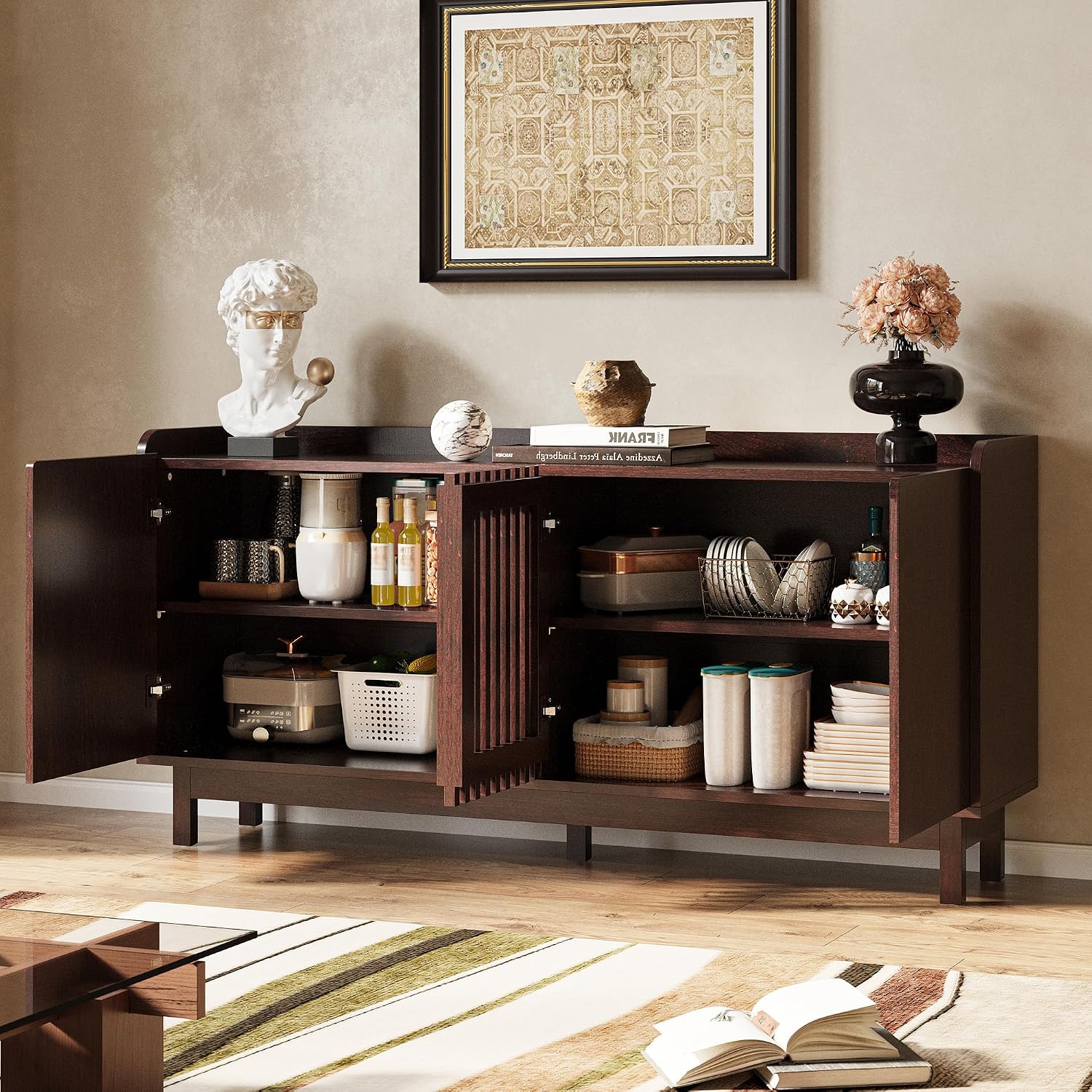 IRONCK 63' Storage Cabinet, Buffet Cabinet with Grille Doors and 2 Adjustable Shelves, Mid Century Sideboard for Kitchen, Dining Room, Entryway（Natural Red Walnut）