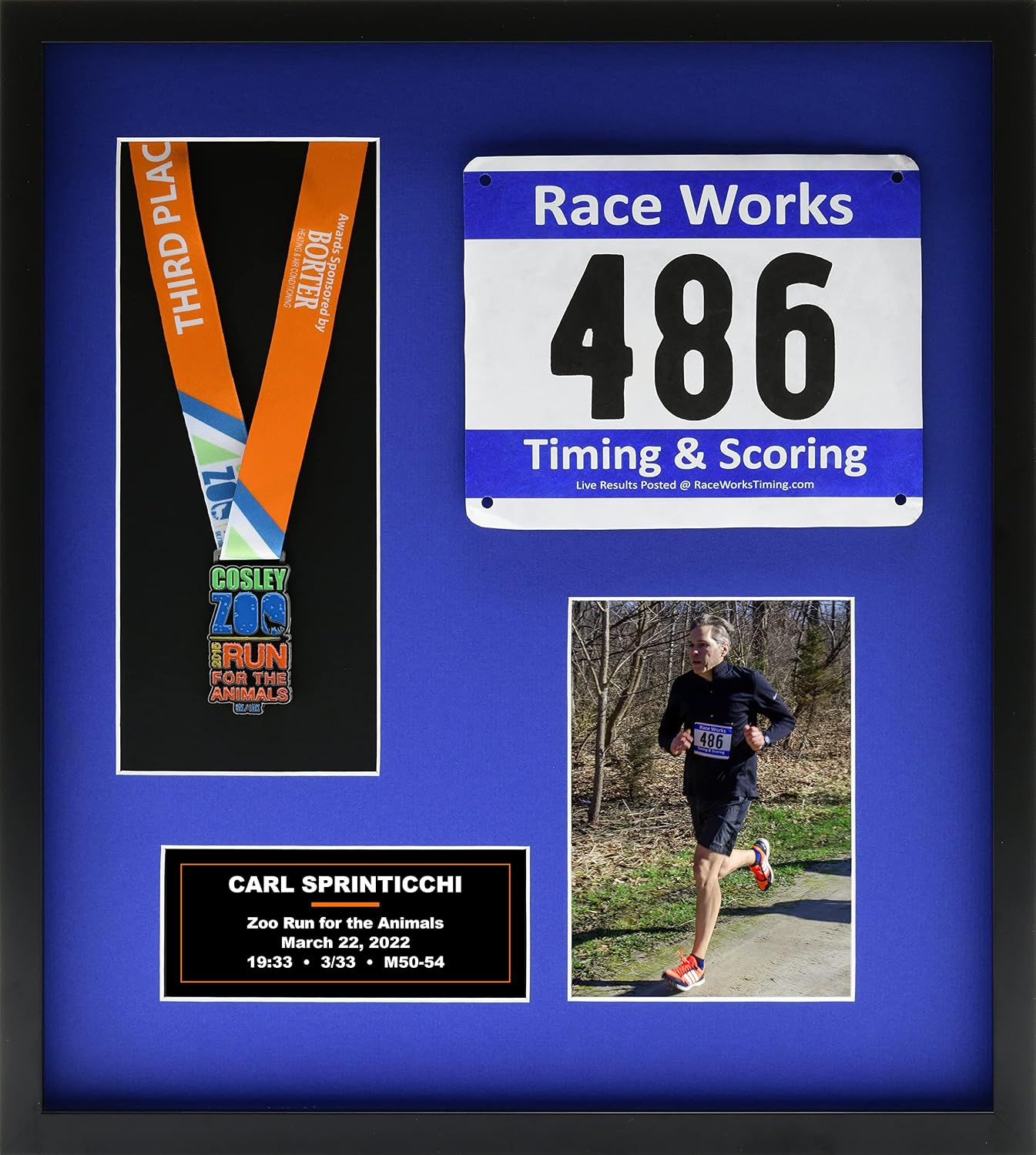 Runners/Sports Pro Display Frame for Medal Award, Racing Bib/Other, Photo & Printed Graphic Info Insert -Marathon/10K/5K/Triathlon, Biking, Swimming & Other Sport/Academic/Artistic Events (Blue Mat)
