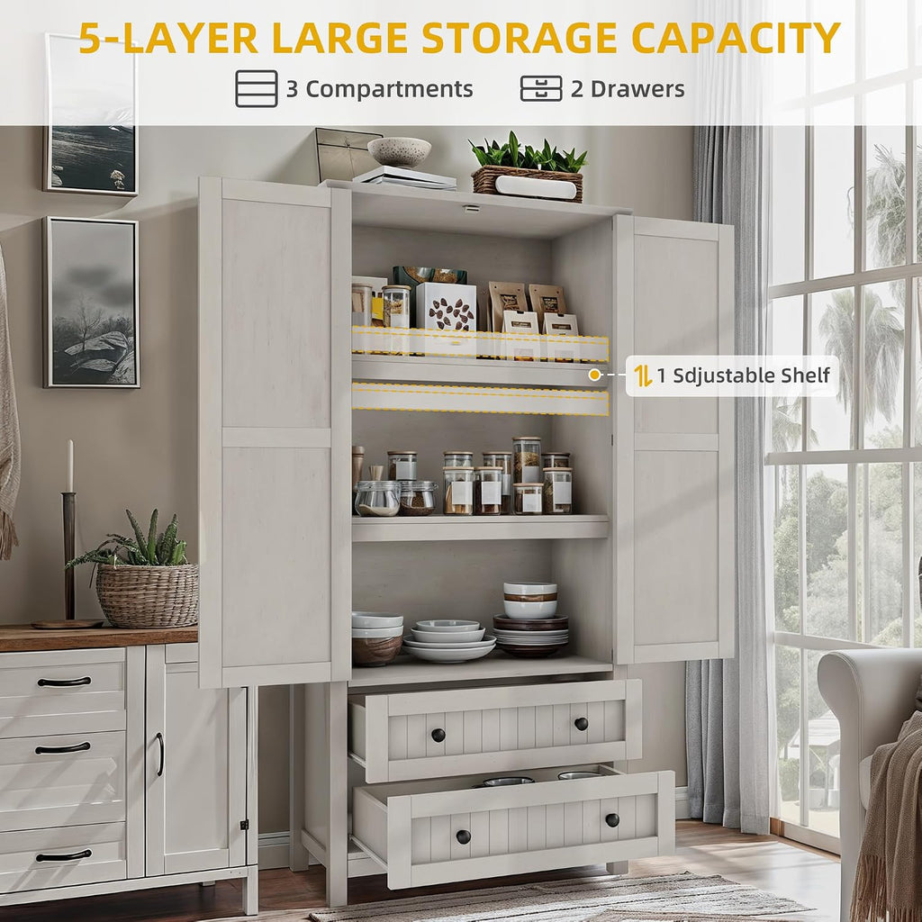 DWVO 64.5' H Kitchen Pantry Cabinet, Storage Cabinet with Barn Doors, 2 Drawers and Adjustable Shelves, Farmhouse Cupboard for Dining Room, Living Room, Bathroom, Off White