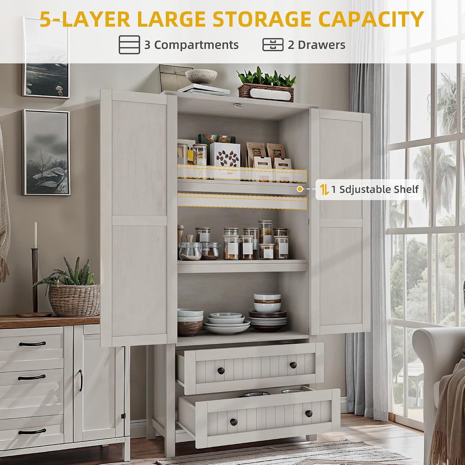 DWVO 64.5' H Kitchen Pantry Cabinet, Storage Cabinet with Barn Doors, 2 Drawers and Adjustable Shelves, Farmhouse Cupboard for Dining Room, Living Room, Bathroom, Off White