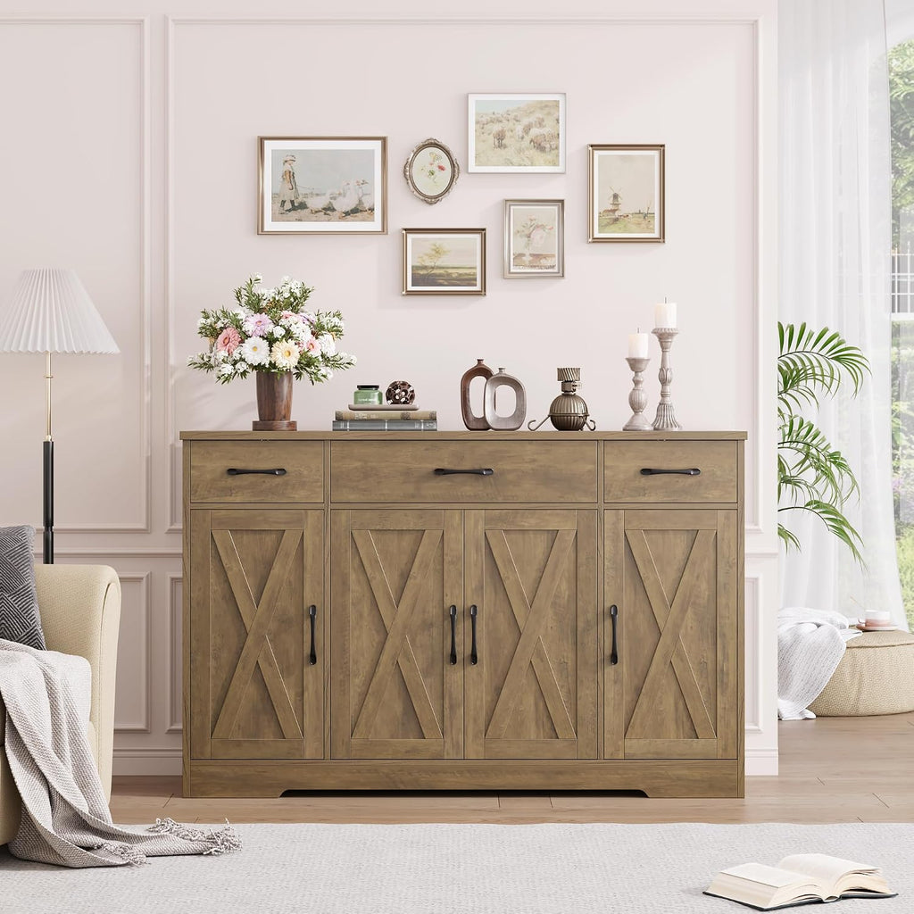 HOSTACK Buffet Sideboard Cabinet with Drawers, 55' Large Buffet Storage Cabinet with Shelves and Doors, Modern Farmhouse Coffee Bar Station Wood Kitchen Table for Kitchen, Dining Room, Rustic Brown
