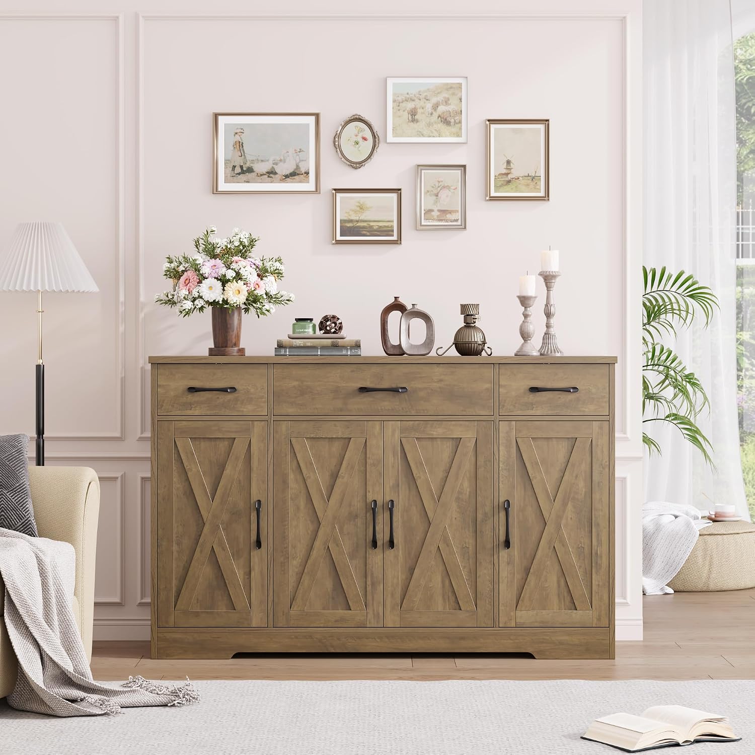 HOSTACK Buffet Sideboard Cabinet with Drawers, 55' Large Buffet Storage Cabinet with Shelves and Doors, Modern Farmhouse Coffee Bar Station Wood Kitchen Table for Kitchen, Dining Room, Rustic Brown