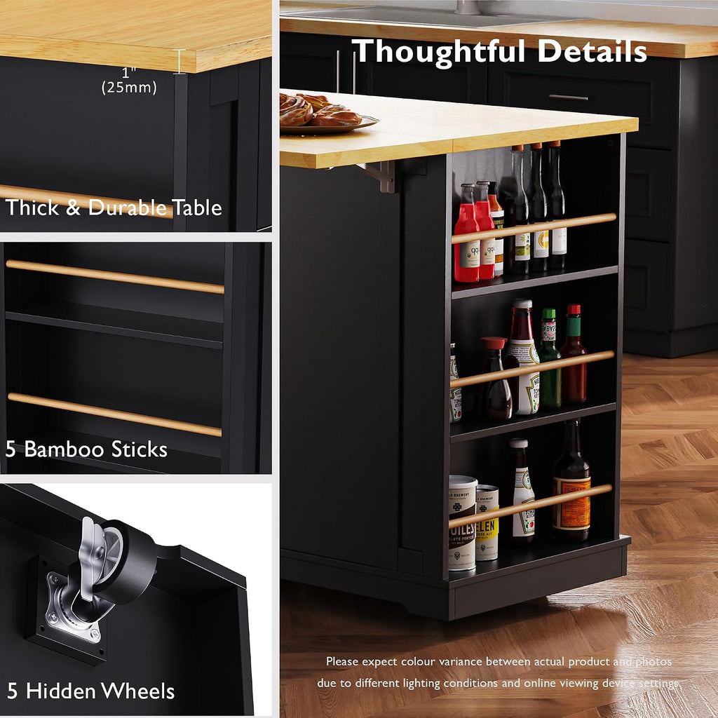 48 Inch Rolling Kitchen Island Storage Cart on 5 Wheels with Drop Leaf, Power Outlet, Door Internal Storage Rack, 5 Open Side Racks, 2 Drawers for Dining Room, Home Bar, Black