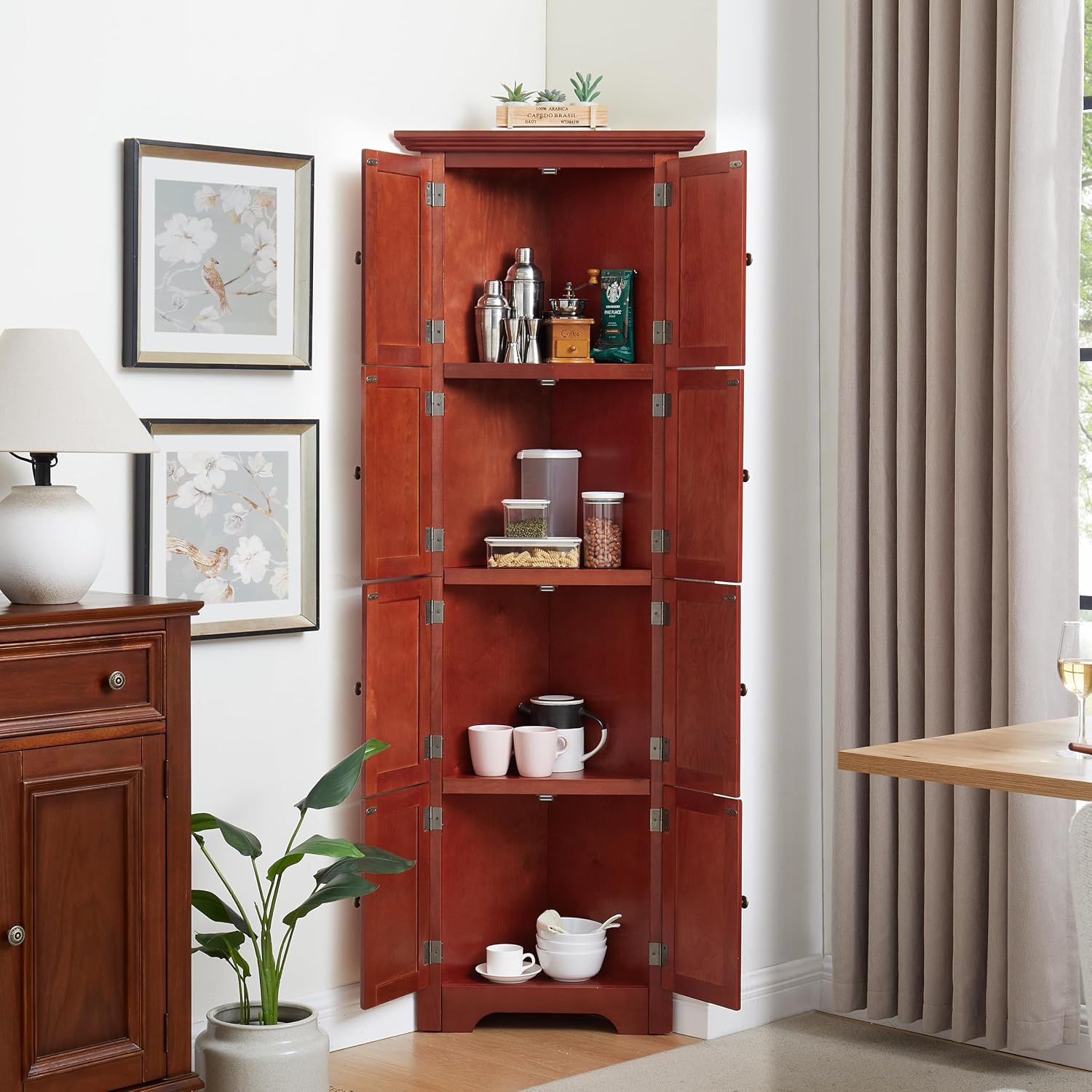 72' Corner Design Freestanding Storage Cabinet, Kitchen Storage Bakers Rack with Sleek Metal Handles, Utility Food Cupboard with 4-Tier Shelves for Kitchen, Bathroom, Living Room, Cherry
