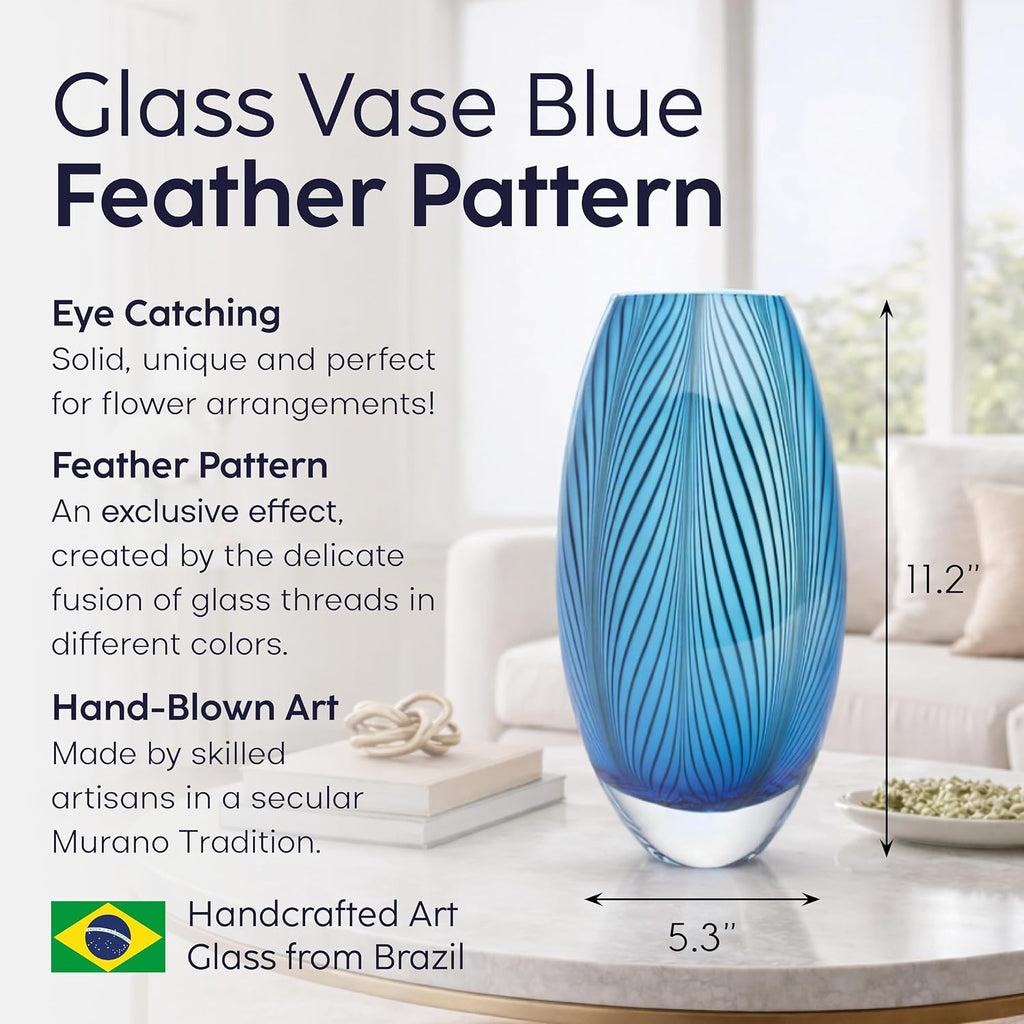 Ca D Oro Murano Style Glass Vase Blue Feather Pattern Hand Blown Art Glass for Flower, Room Decoration and Centerpiece - Model 54 MS