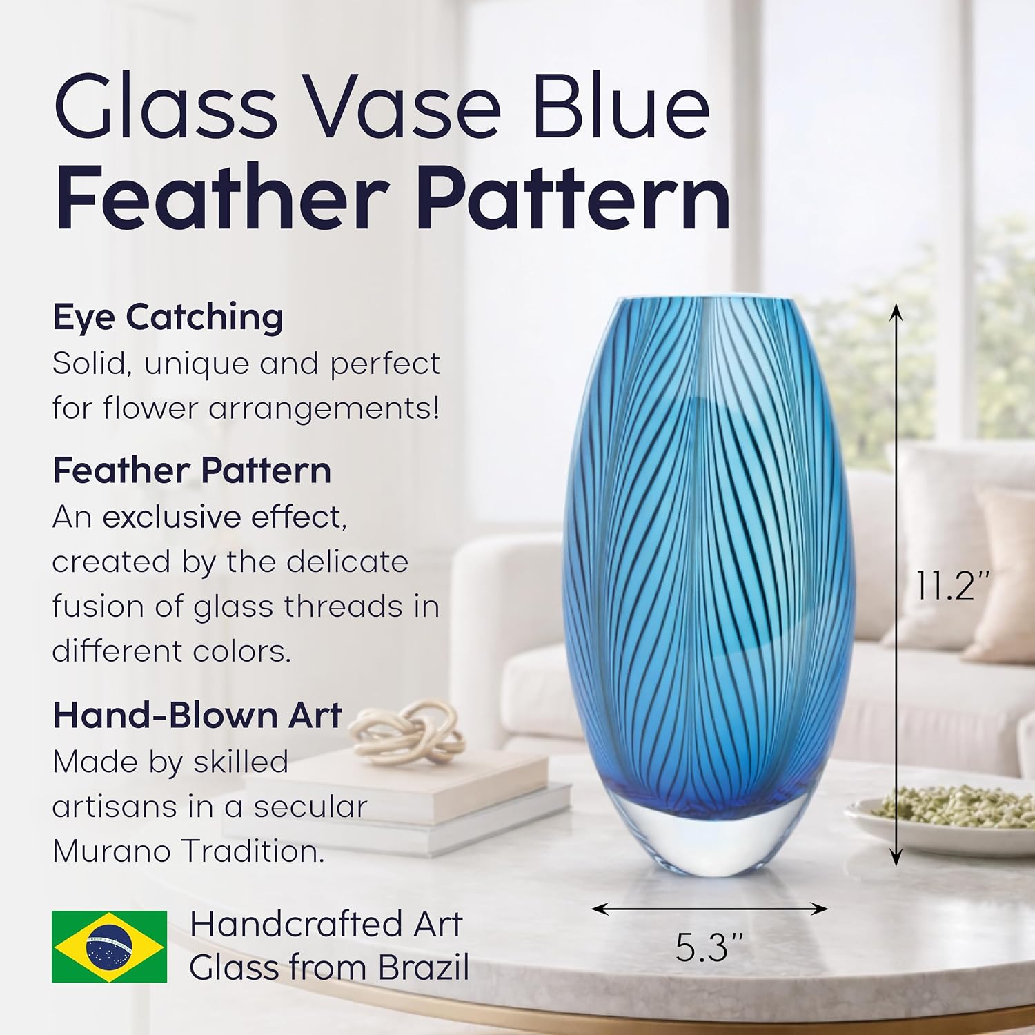 Ca D Oro Murano Style Glass Vase Blue Feather Pattern Hand Blown Art Glass for Flower, Room Decoration and Centerpiece - Model 54 MS