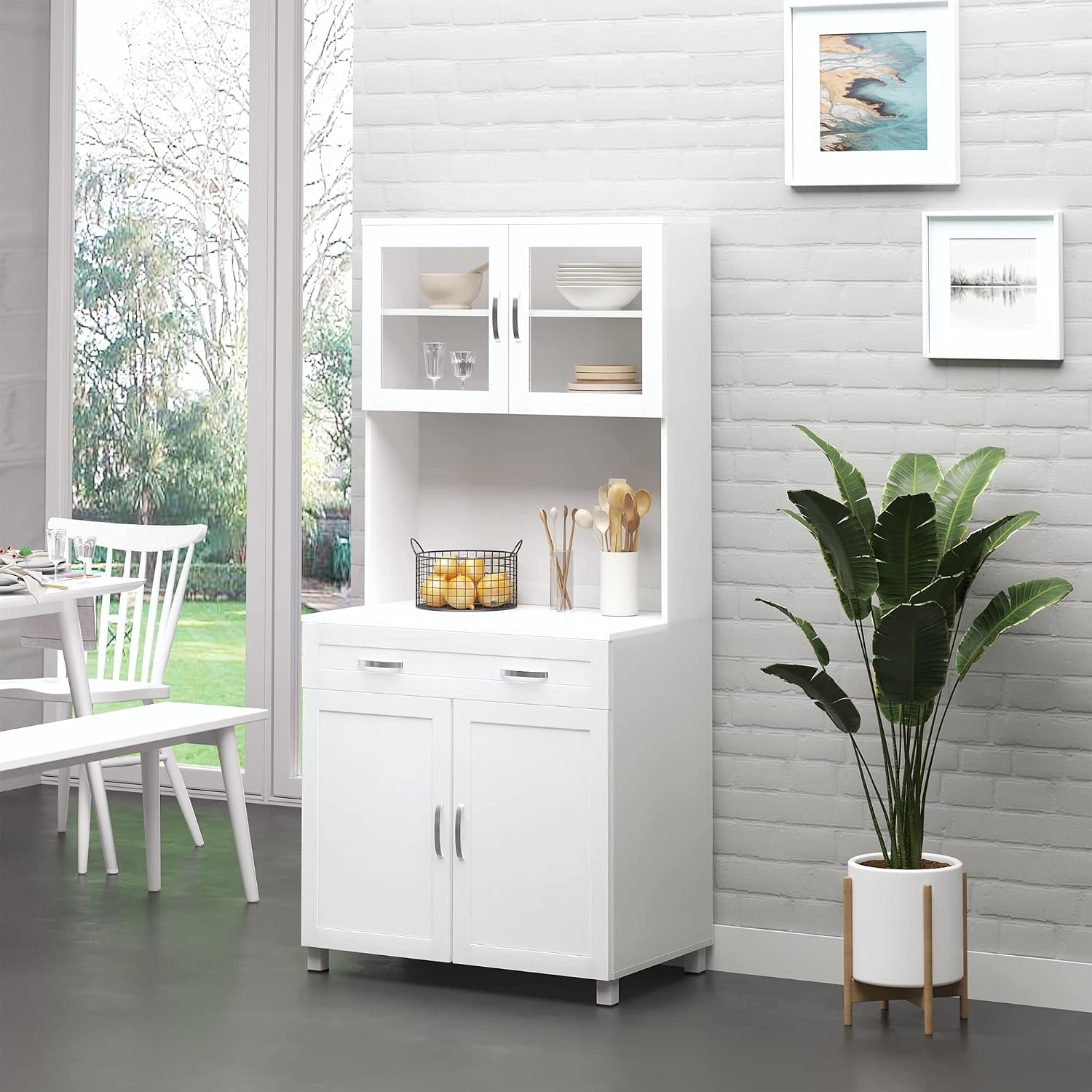 HOMCOM 67' Pantry Cabinet, Modern Kitchen Hutch, Freestanding Storage Cabinet with Glass Doors, Adjustable Shelves and Drawers for Home, Dining Room, Living Room, White