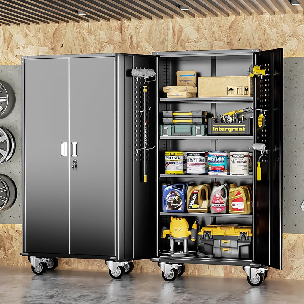 INTERGREAT Rolling Metal Cabinet with Wheels, 72' Locking Storage Cabinet with Adjustable Shelves, Large Capacity Pulley Cabinets for Home Office, School, Warehouse(Black)
