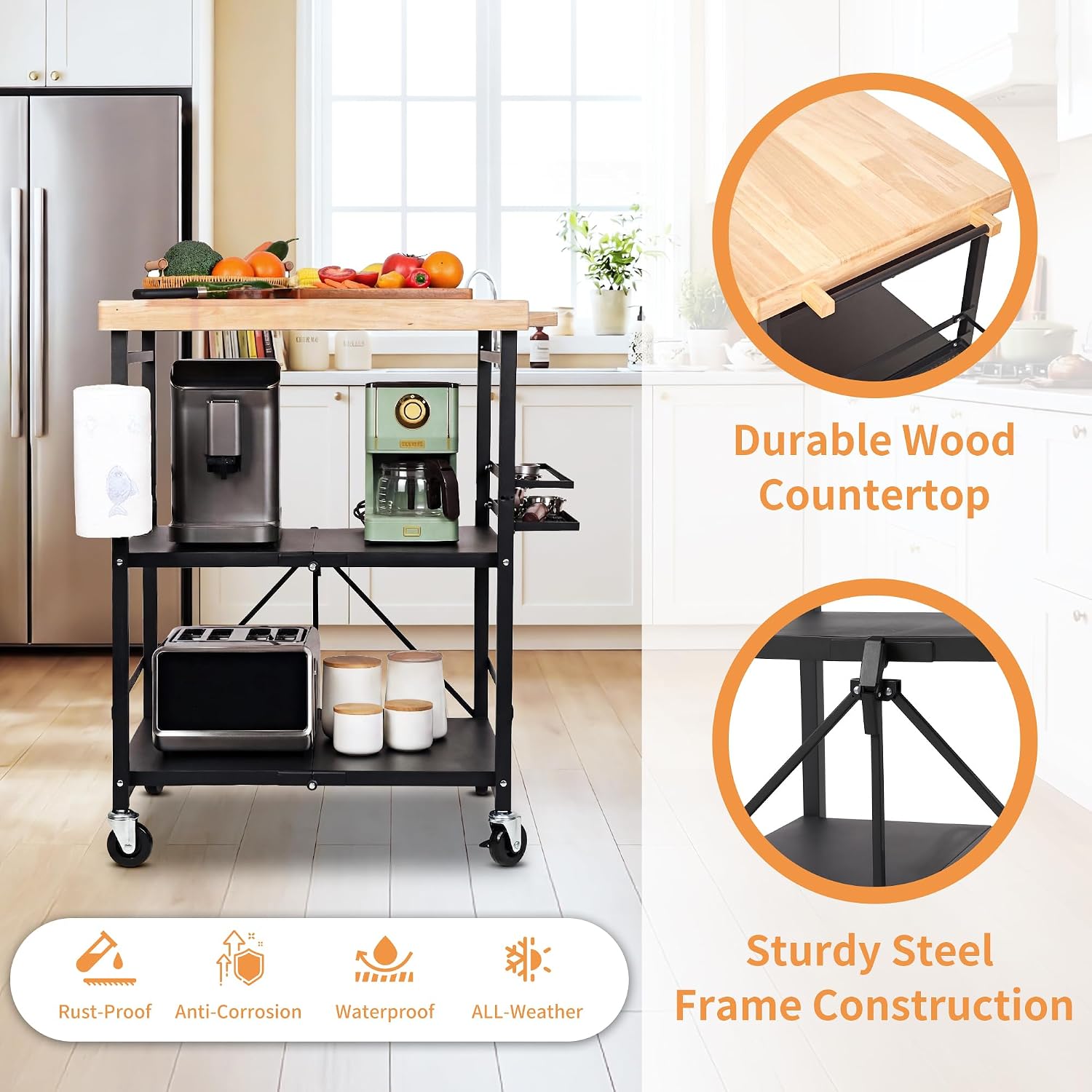 PLKOW Foldable Kitchen Cart with Solild Oak Wood Top, Rolling Kitchen Island on Wheels, 3-Tier Storage Utility Cart for Microwave, Toaster Oven, Small Spaces