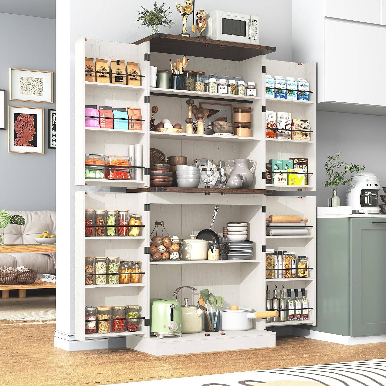 71' Tall Kitchen Pantry Cabinet, Farmhouse Tall Kitchen Storage Cabinet with Adjustable Shelves & 4 Barn Style Doors, Wooden Storage Cabinet for Kitchen, Dining Room, Living Room, Bathroom, Office
