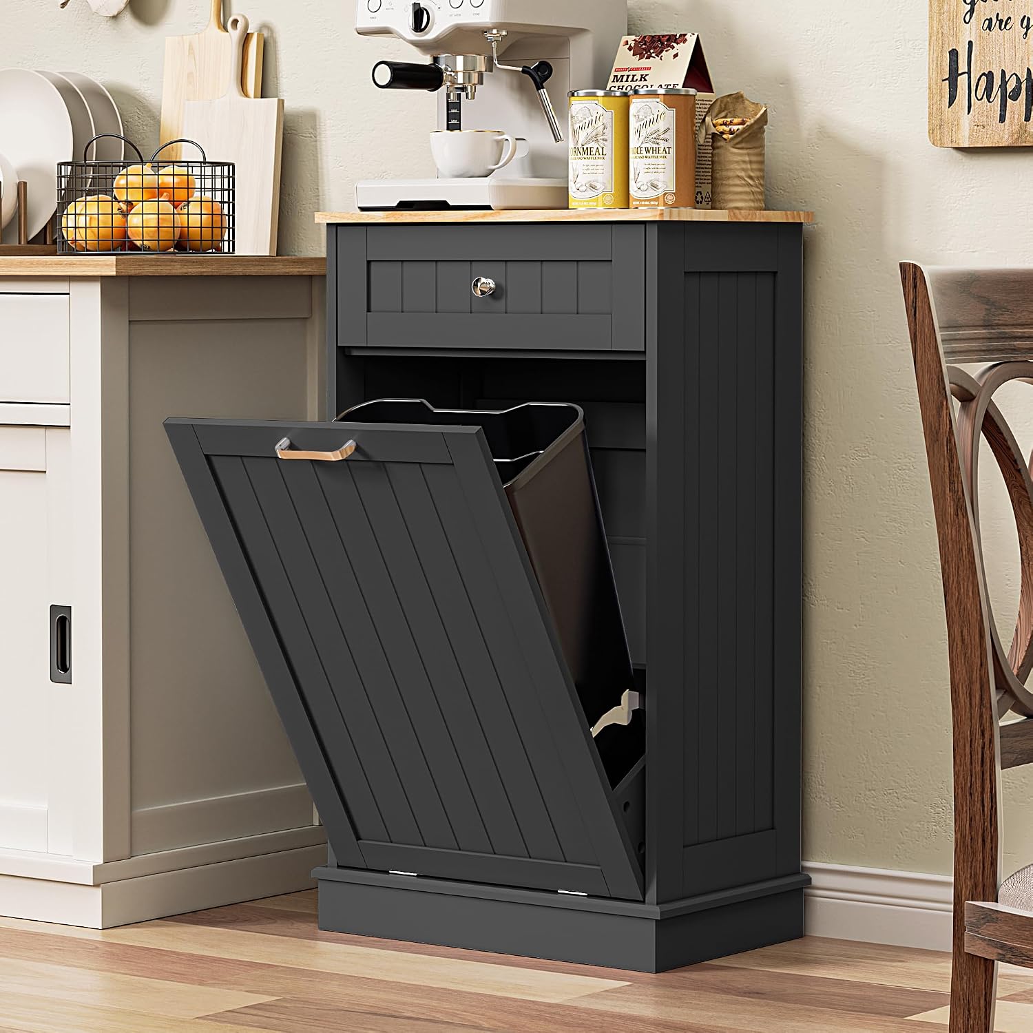 13 Gallons Tilt Out Trash Cabinet Freestanding Kitchen Hidden Trash Bin Cabinet with Hideaway Drawer Pet Proof Trash Can Holder for Kitchen Living Room, Black