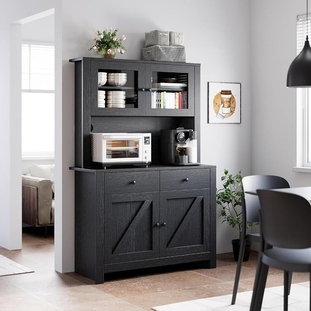 IDEALHOUSE 63' Kitchen Pantry Cabinet with Drawers, Hutch Cabinet with Storage, Microwave Stand, Adjustable Shelves, Freestanding Tall Pantry Storage for Dining Room, Living Room, Black