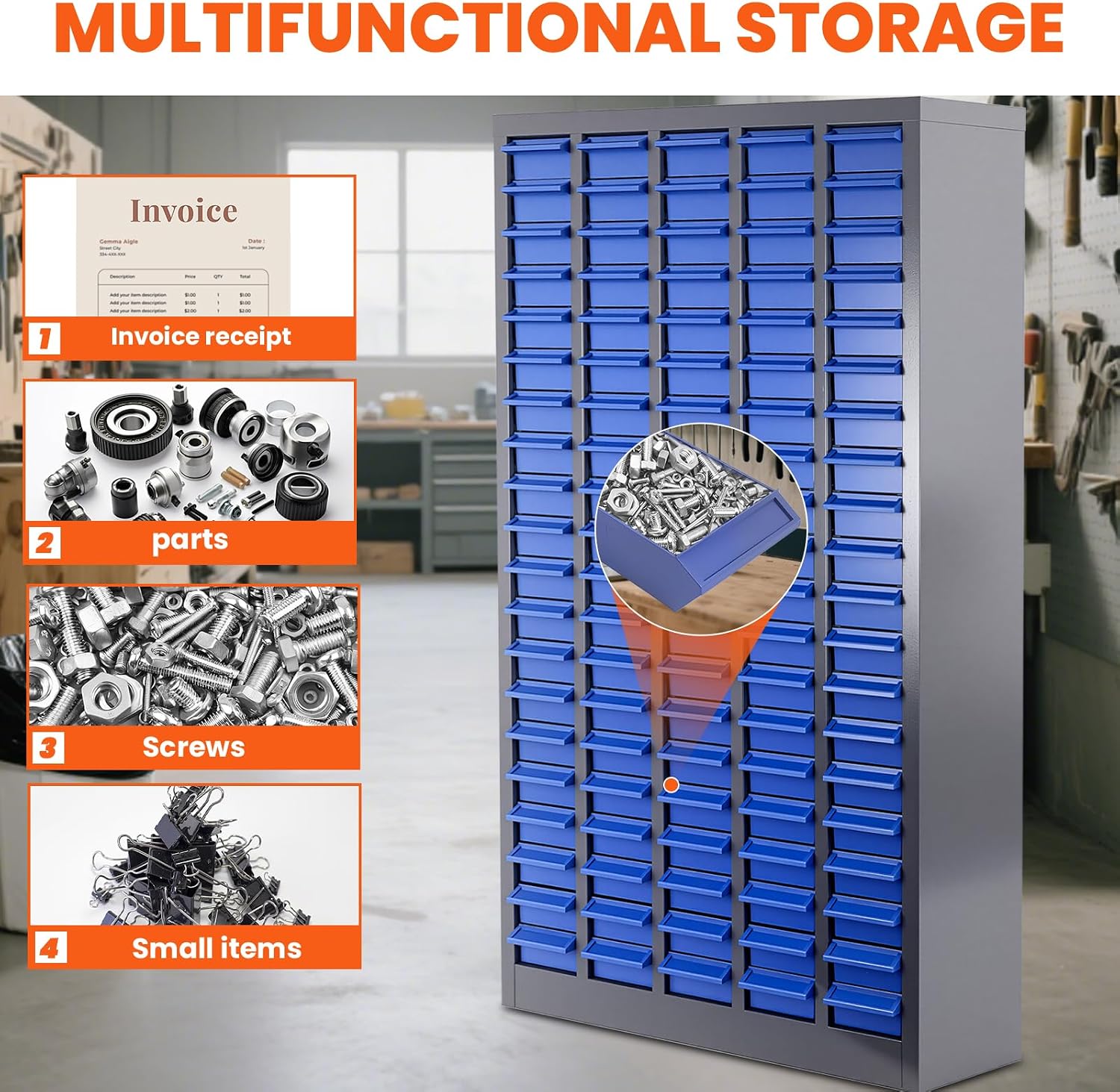 100 Drawers Nut and Bolt Organizer, 26x9x46 Stainless Steel Parts Cabinet with Shelfs & Labels Bolt Organizer for Workshop Tool & Hardware Storage and Organization (100 Drawers)