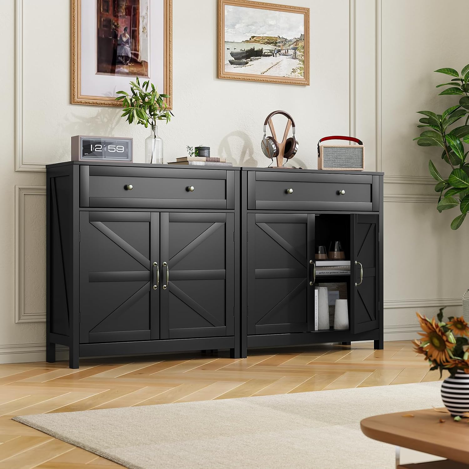 Buffet Sideboard with 2 Barn Doors,Black Kitchen Cabinet with Adjustable Shelf, Freestanding Floor Storage Cabinet