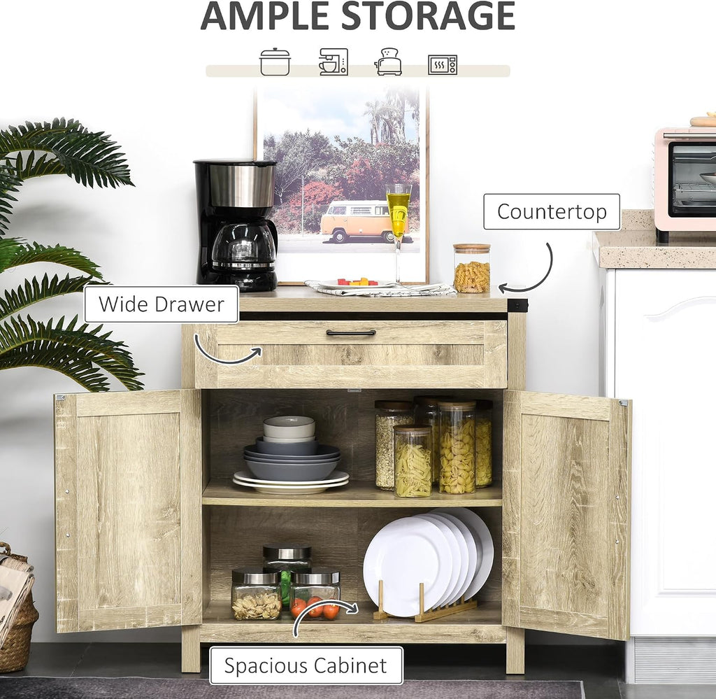 HOMCOM Sideboard with Storage Drawer, Modern Farmhouse Kitchen Cabinet with 2 Barn Doors, Coffee Bar Cabinet, Oak