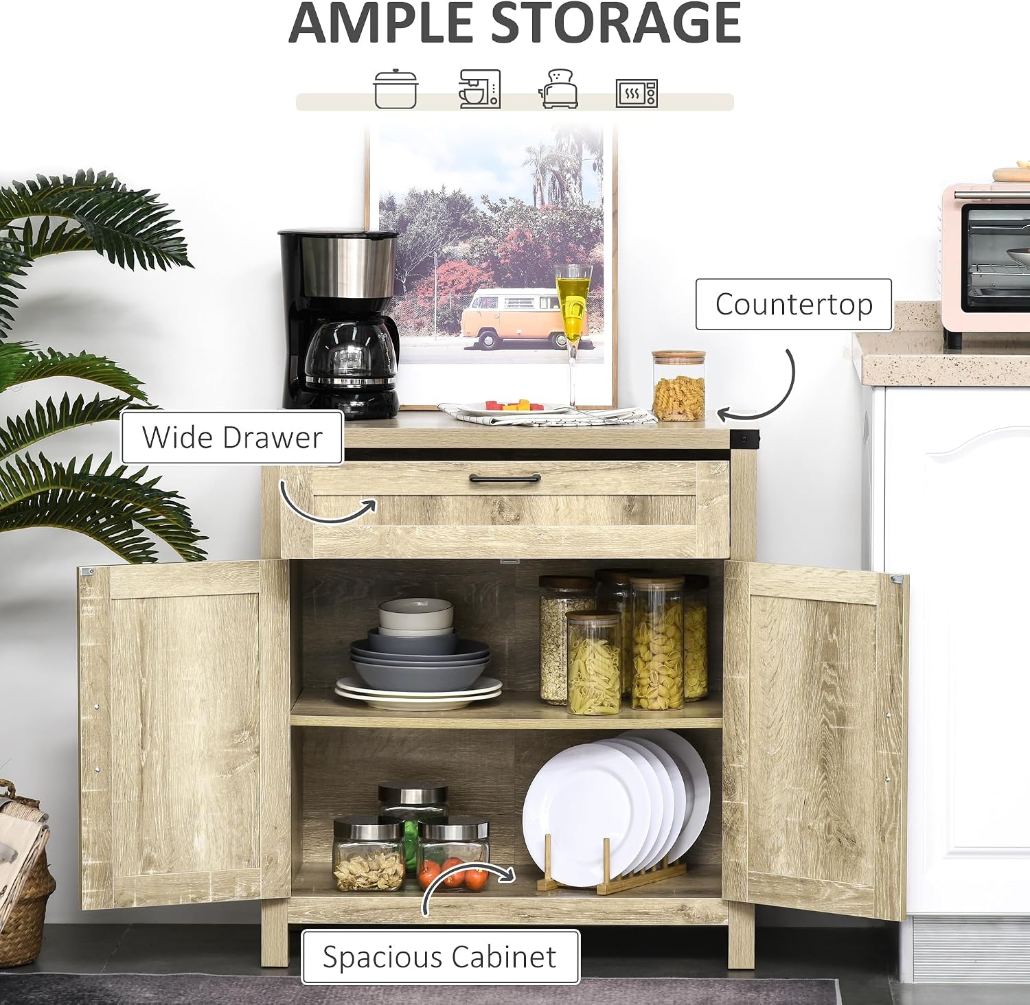 HOMCOM Sideboard with Storage Drawer, Modern Farmhouse Kitchen Cabinet with 2 Barn Doors, Coffee Bar Cabinet, Oak