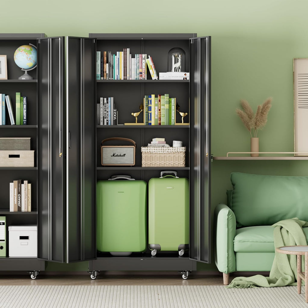 INTERGREAT 73' H Metal Storage Cabinet with Wheels, Locking Doors and Adjustable Shelves, Black Rolling Steel Tool Cabinet for Home Office, Garage, Warehouse