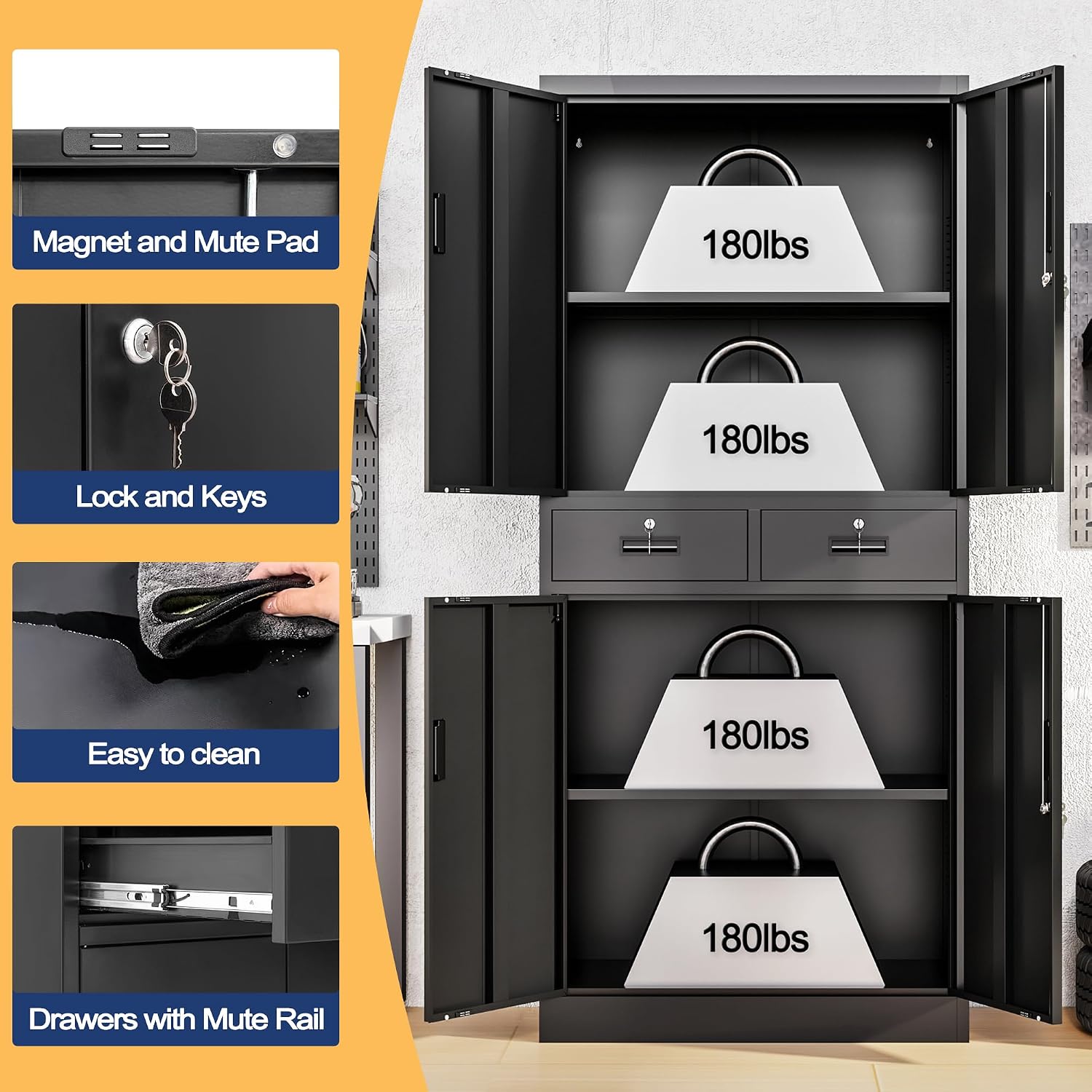 Wanfu Metal Storage Cabinet, 71' Locking Storage Cabinet with Adjustable Shelves and 2 Drawers, Steel Cabinets for Office, Garage, Home, School, Utility Room(Black)