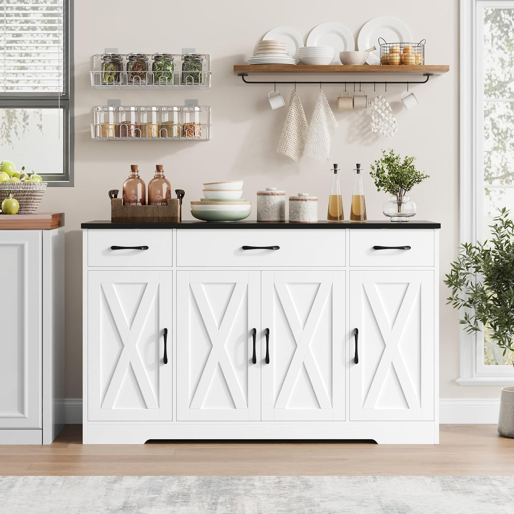 HOSTACK Buffet Sideboard Cabinet with Drawers, 55' Large Buffet Storage Cabinet with Shelves and Doors, Modern Farmhouse Coffee Bar Station Wood Kitchen Table for Kitchen, Dining Room, White/Black
