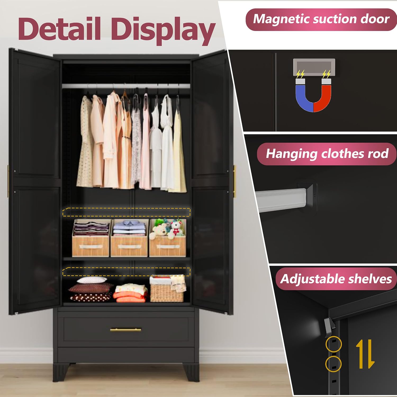 GAIOUS Steel Armoire Wardrobe Closet, 71' Household Wardrobe Cabinet with 2 Doors, 1 Adjustable Shelf and 1 Drawers, Metal Clothing Storage Cabinet with Hanging Rod for Bedroom, Cloak Room,Gym(Black)