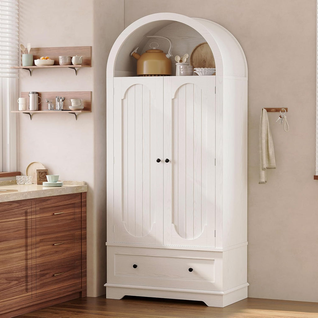 IRONCK 70.9' Tall Arched Kitchen Pantry, Kitchen Cabinet with Large Drawer, Adjustable Shelves, Arched Open Shelving, 2 Doors with Storage Shelves, Modern Versatile Cupboard for Kitchen, Dining Room