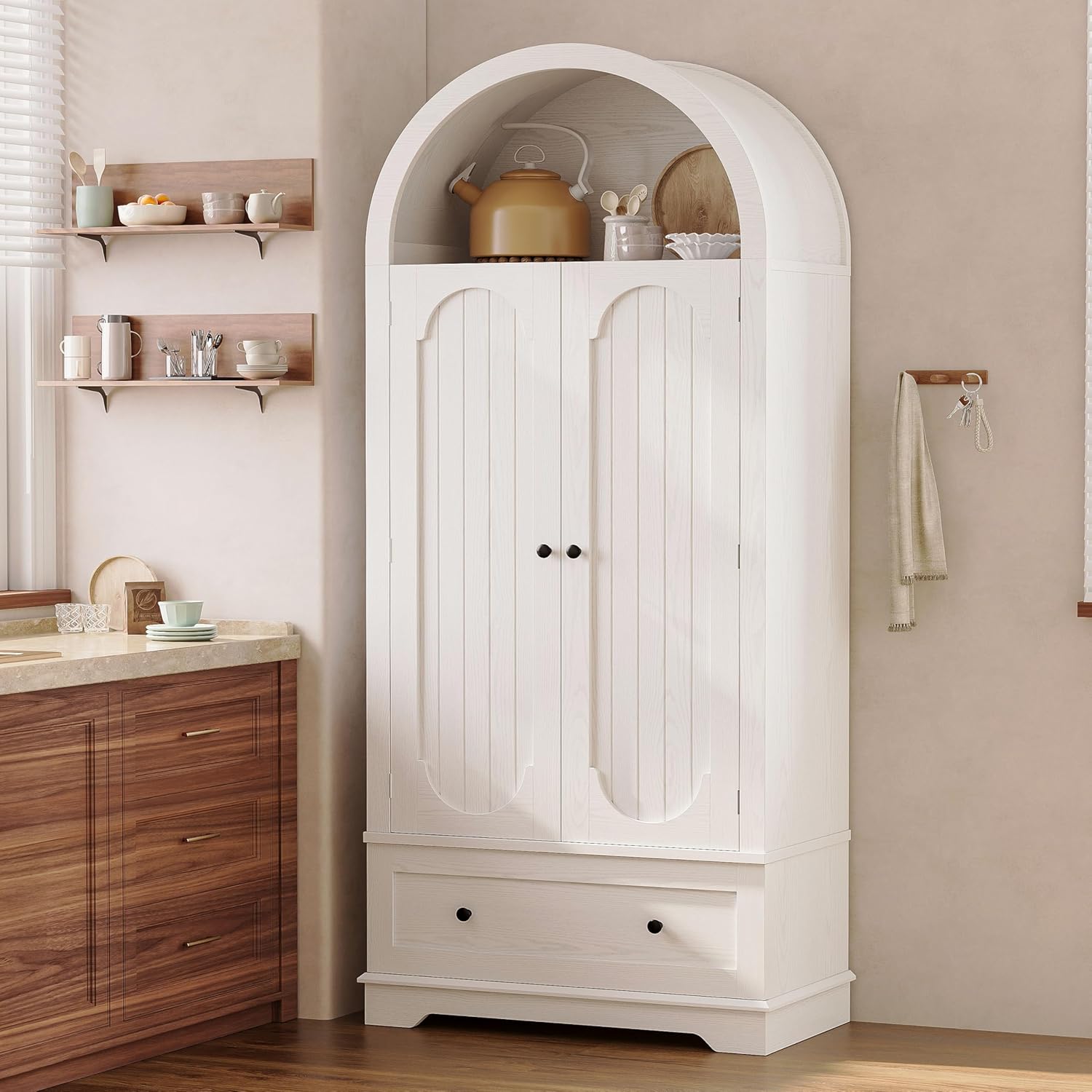 IRONCK 70.9' Tall Arched Kitchen Pantry, Kitchen Cabinet with Large Drawer, Adjustable Shelves, Arched Open Shelving, 2 Doors with Storage Shelves, Modern Versatile Cupboard for Kitchen, Dining Room