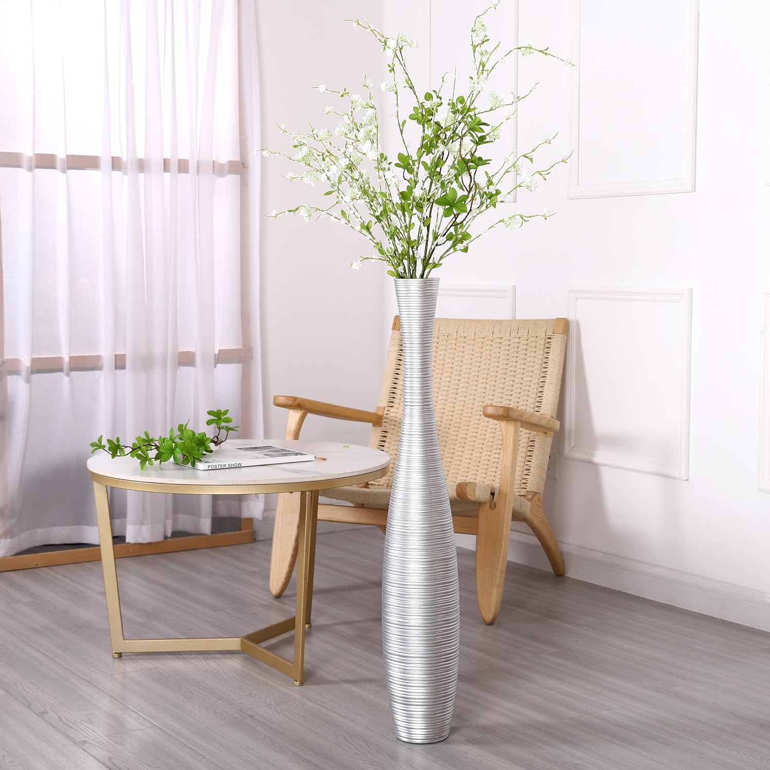 Leewadee Decorative Tall Floor Vase for Living Room Decor, 34 inches, Silver, Resin