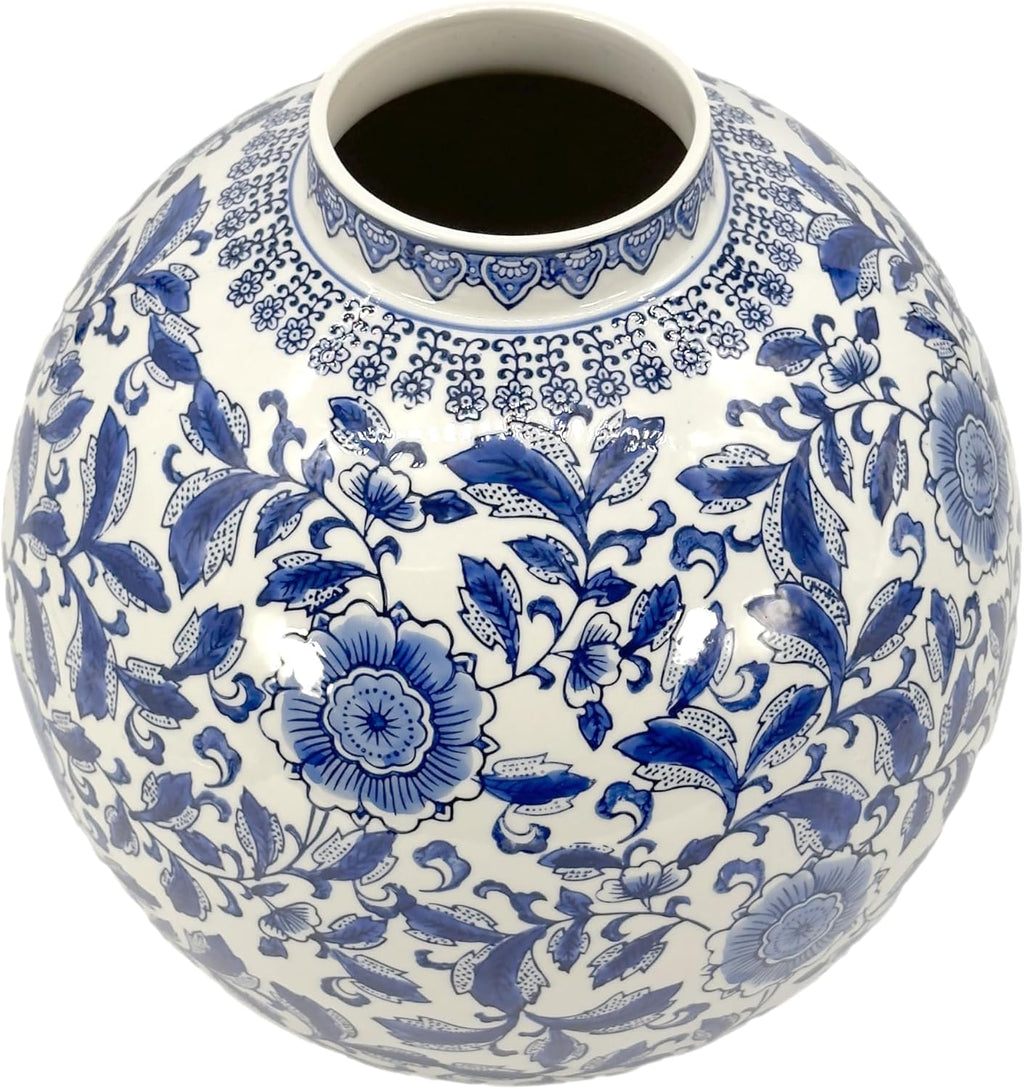 Galt International Blue & White Ceramic Floral Chinoiserie Globe Vase 12' Dia. - Round Bulb Shape Flower Vase Jar Classic Antique Home Decor