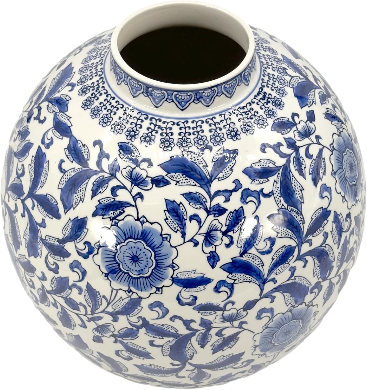 Galt International Blue & White Ceramic Floral Chinoiserie Globe Vase 12' Dia. - Round Bulb Shape Flower Vase Jar Classic Antique Home Decor