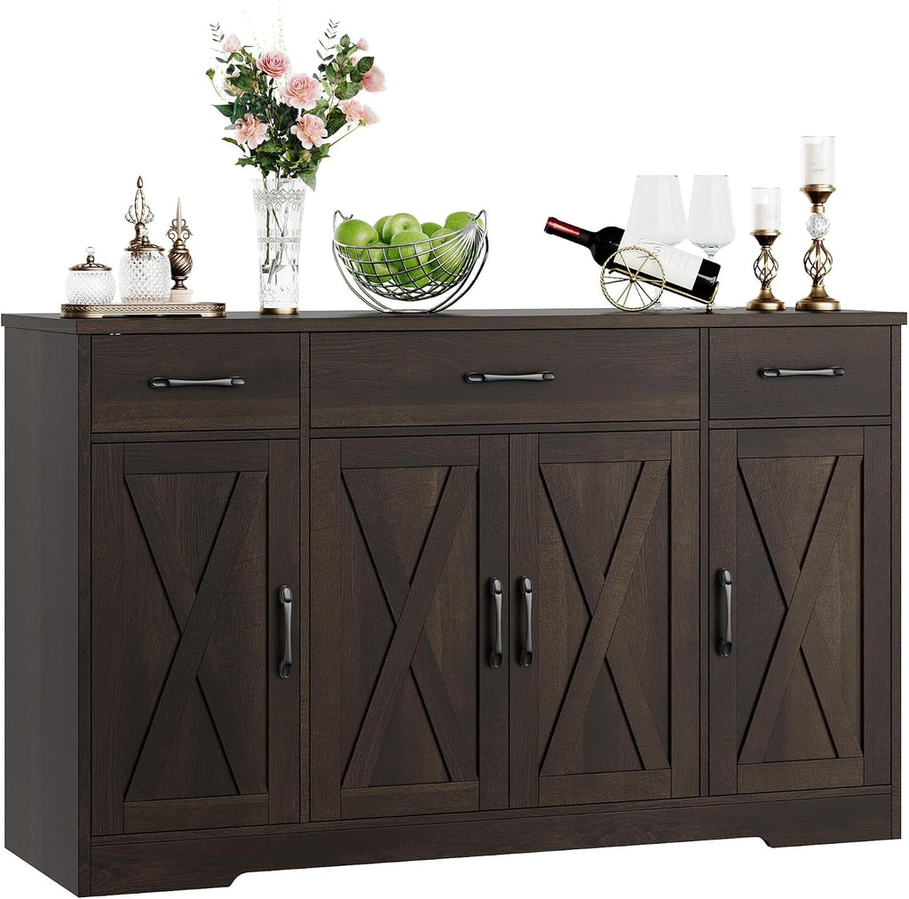 HOSTACK Buffet Cabinet with Drawers, 55' Large Sideboard Buffet Storage Cabinet with Shelves and Doors, Modern Farmhouse Coffee Bar Station Wood Kitchen Table for Kitchen, Dining Room, Dark Brown