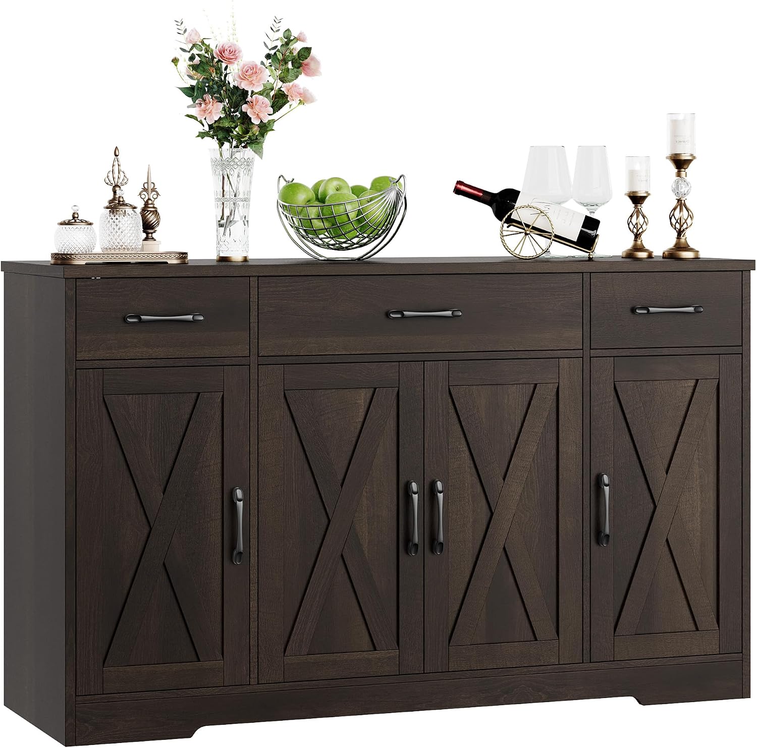 HOSTACK Buffet Cabinet with Drawers, 55' Large Sideboard Buffet Storage Cabinet with Shelves and Doors, Modern Farmhouse Coffee Bar Station Wood Kitchen Table for Kitchen, Dining Room, Dark Brown
