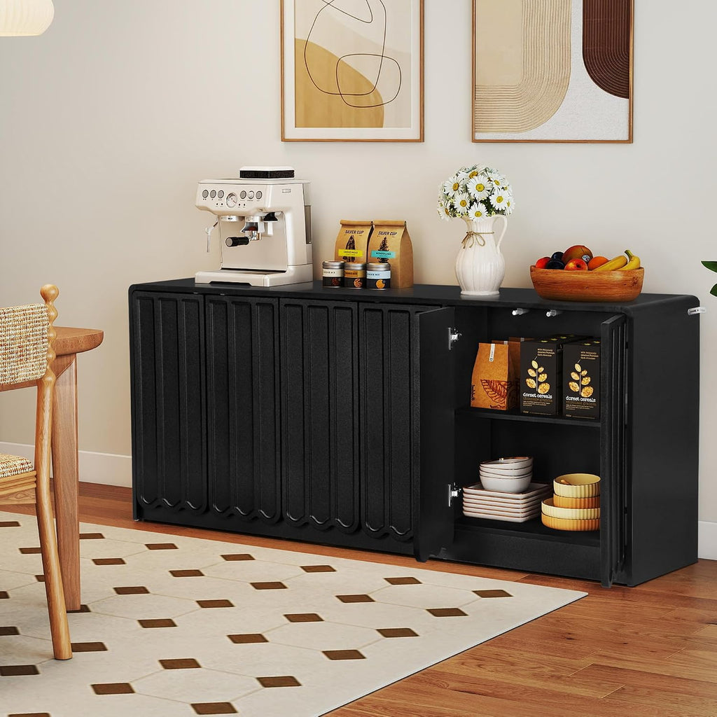 ORRD Sideboard Buffet Cabinet with Storage, Low Storage Cabinet Modern Wooden Accent Credenza Console Table TV Stand with 6 Wave Panel Doors for Kitchen Dining Living Room Entryway, Black