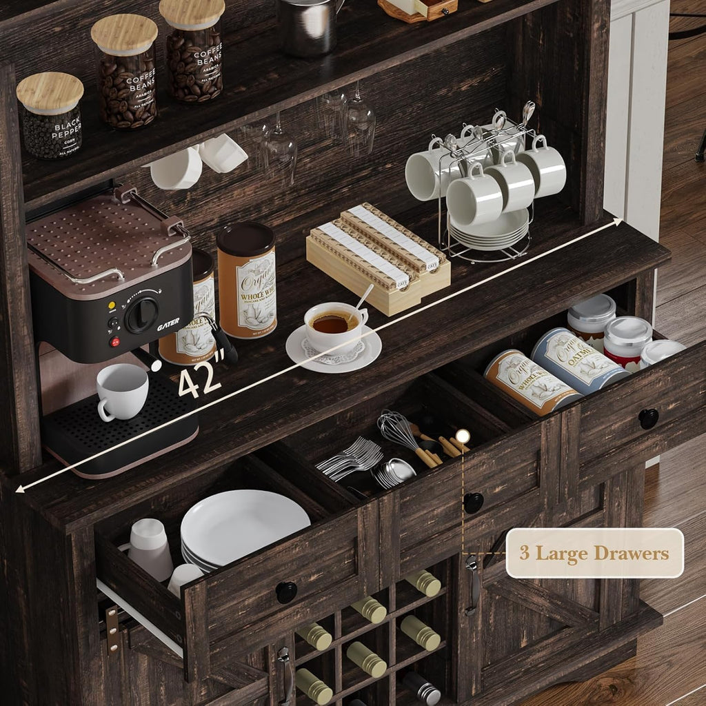 REVOMINCA 63 Inch Tall Coffee Bar Cabinet with 3-Tier, Kitchen Hutch with 3 Large Drawers, Farmhouse Coffee Bar with 9 Wine Racks & 3 Glass Holders, Wine Storage Cabinet for Living Dining Room, Oak