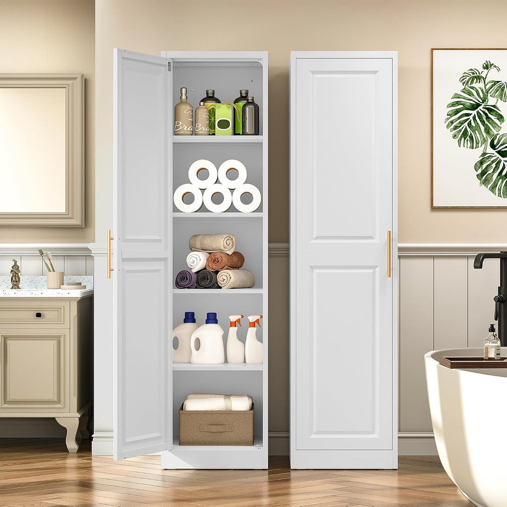 SISESOL 71' Tall Narrow Storage Cabinet with 1 Door and 5 Shelves,Slim Kitchen Pantry Cabinet,White Metal Bathroom Cabinets,Large Cupboard for Home,Kitchen,Laundry,Bathroom