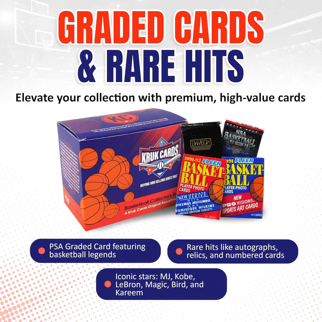 Ultimate Basketball Card Collection | PSA Graded 8+ Star, 5 Hits: Auto, Relic, Numbered, 3 Greats, 300 Assorted Basketball Cards, 20 HOF, 3 Vintage Packs | For Sports Card Collectors
