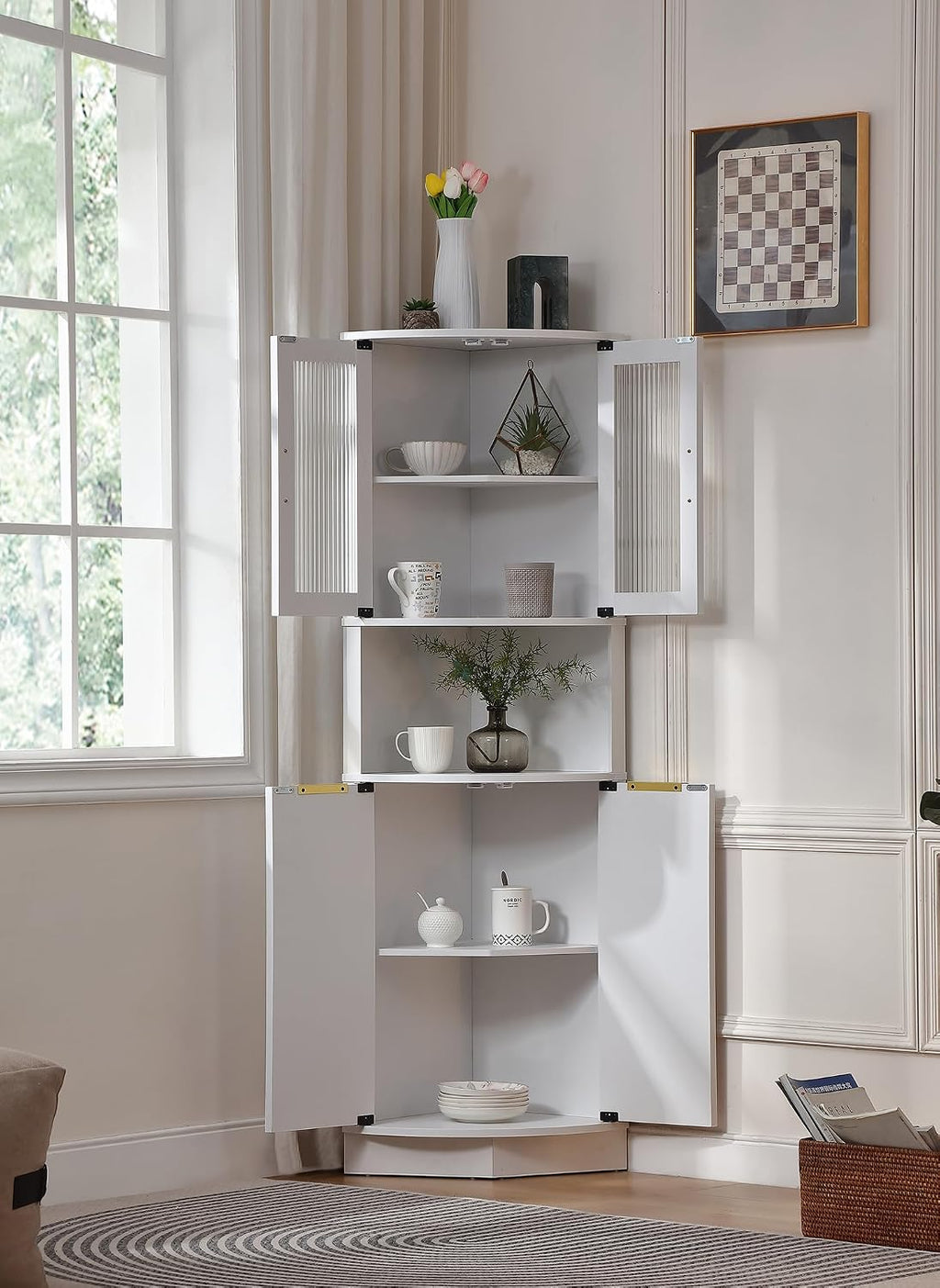FOREST GRAVITY 64.57'' Tall Corner Cabinet with Shelves for Great Storage and Showcase,Storage Cabinet Double as Corner Liquor Cabinet with Pentagon Design for Livinng Room,Kitchen and Bathroom,White