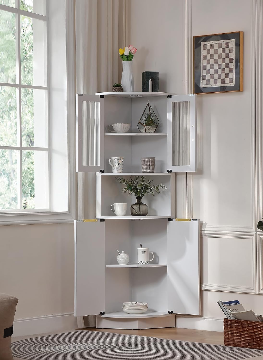 FOREST GRAVITY 64.57'' Tall Corner Cabinet with Shelves for Great Storage and Showcase,Storage Cabinet Double as Corner Liquor Cabinet with Pentagon Design for Livinng Room,Kitchen and Bathroom,White