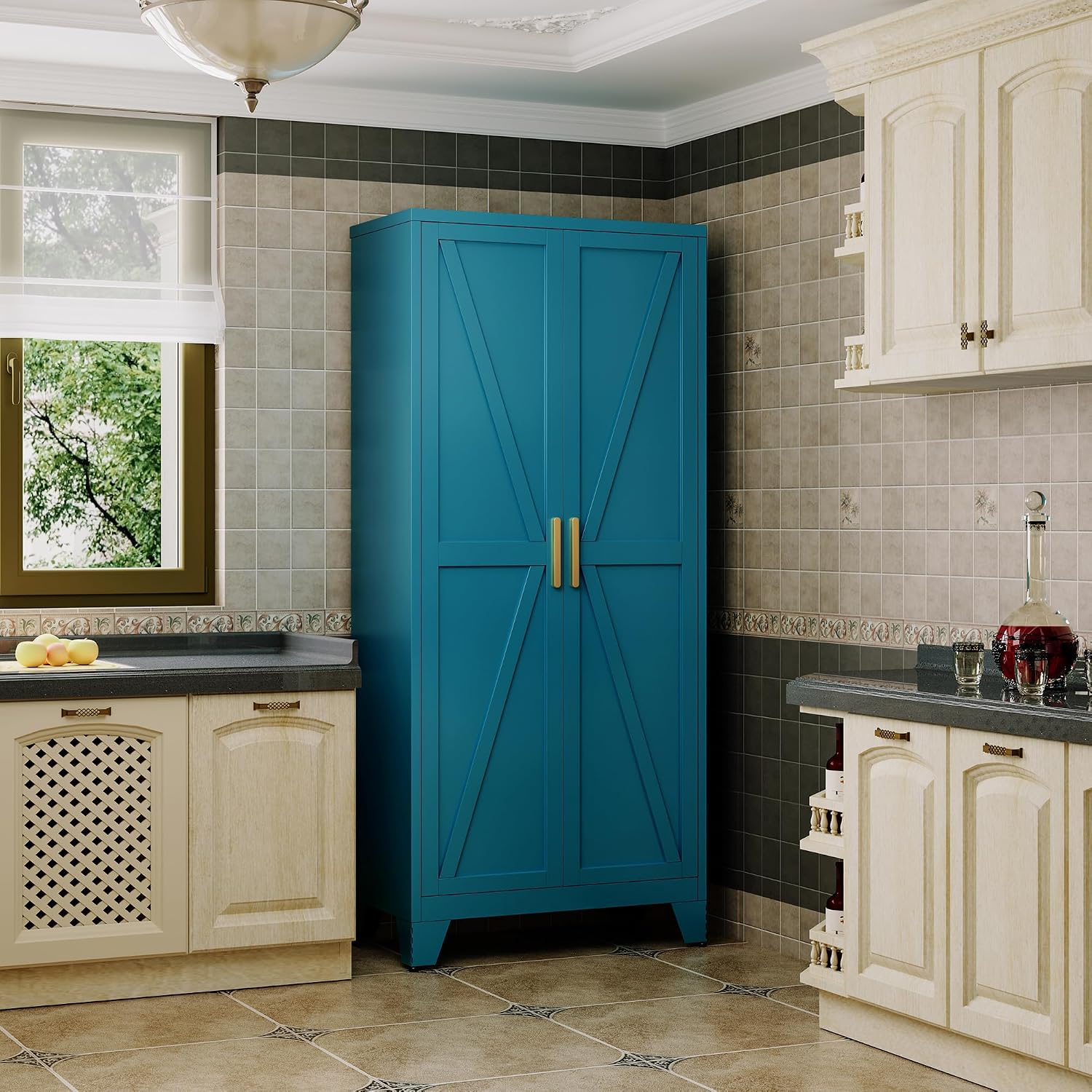 QINPTWUT 71' Metal Storage Cabinet with Doors and Shelves, Tall Pantry Cabinet in Blue with 2 Doors & 4 Adjustable Shelves, All-Steel Farmhouse Cupboard for Kitchen, Living Room,Home Office,Garage