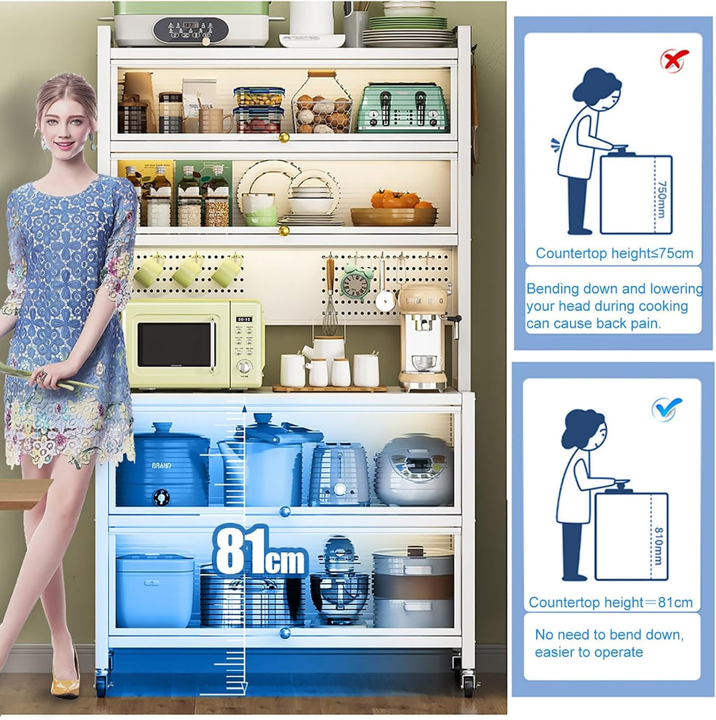 Baker's Rack with Kitchen Storage Drawer Cabinet - Flip Door and Drawer Microwave Stand Rack with Pegboard and Accessories, Metal Shelves for Garage Pantry Home Kitchen Spices (Color : White, Size :