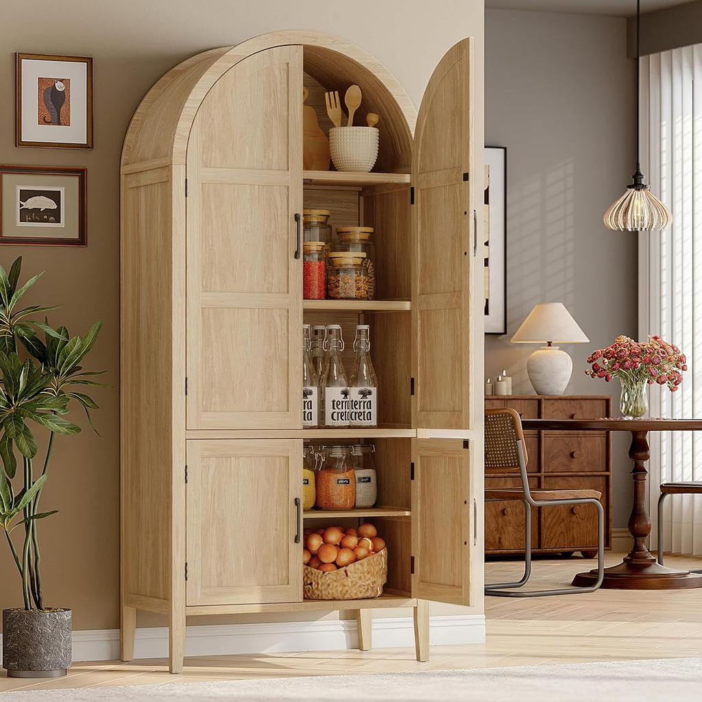 ONBRILL 71' Tall Wooden Arched Cabinet, 5-Tier Arched Kitchen Pantry Cabinet with Doors & Shelves, Farmhouse Kitchen Arch Cabinets with Adjustable Feet, Wooden Pantry Storage for Dining Room(Oak)