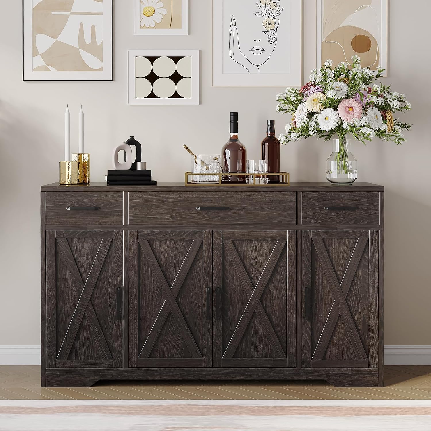 Garvee 55 in Large Buffet Sideboard Cabinet with Storage 4 Doors and 3 Drawers Kitchen Storage Cabinet Coffee Bar Buffet Table for Dining Room, Living Room, Adjustable Shelf