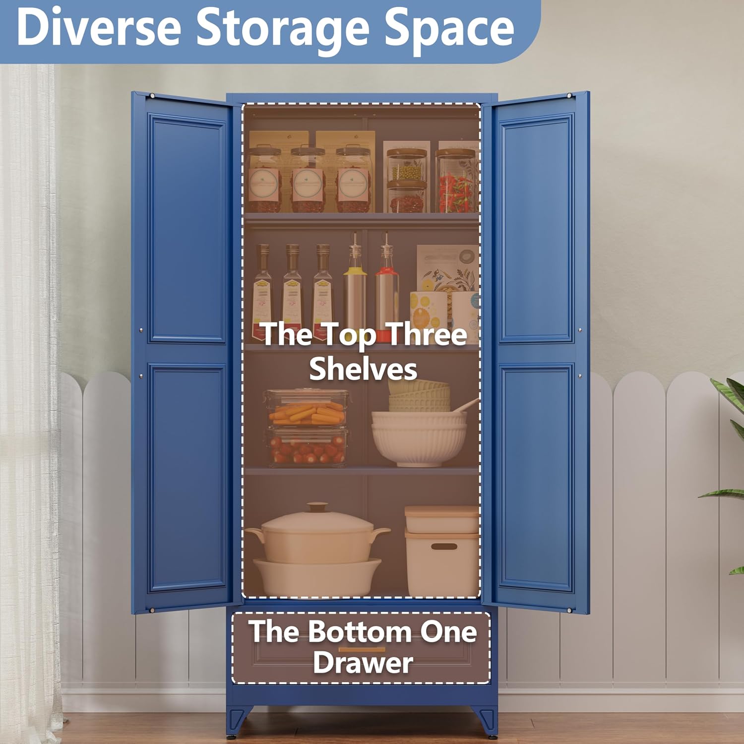 Polup Metal Storage Cabinet,75' Tall Kitchen Pantry Storage Cabinet with Doors and Adjustable Shelves, Blue Metal Pantry Cabinets with Drawer, Large Cupboard for Kitchen, Dining Living Room
