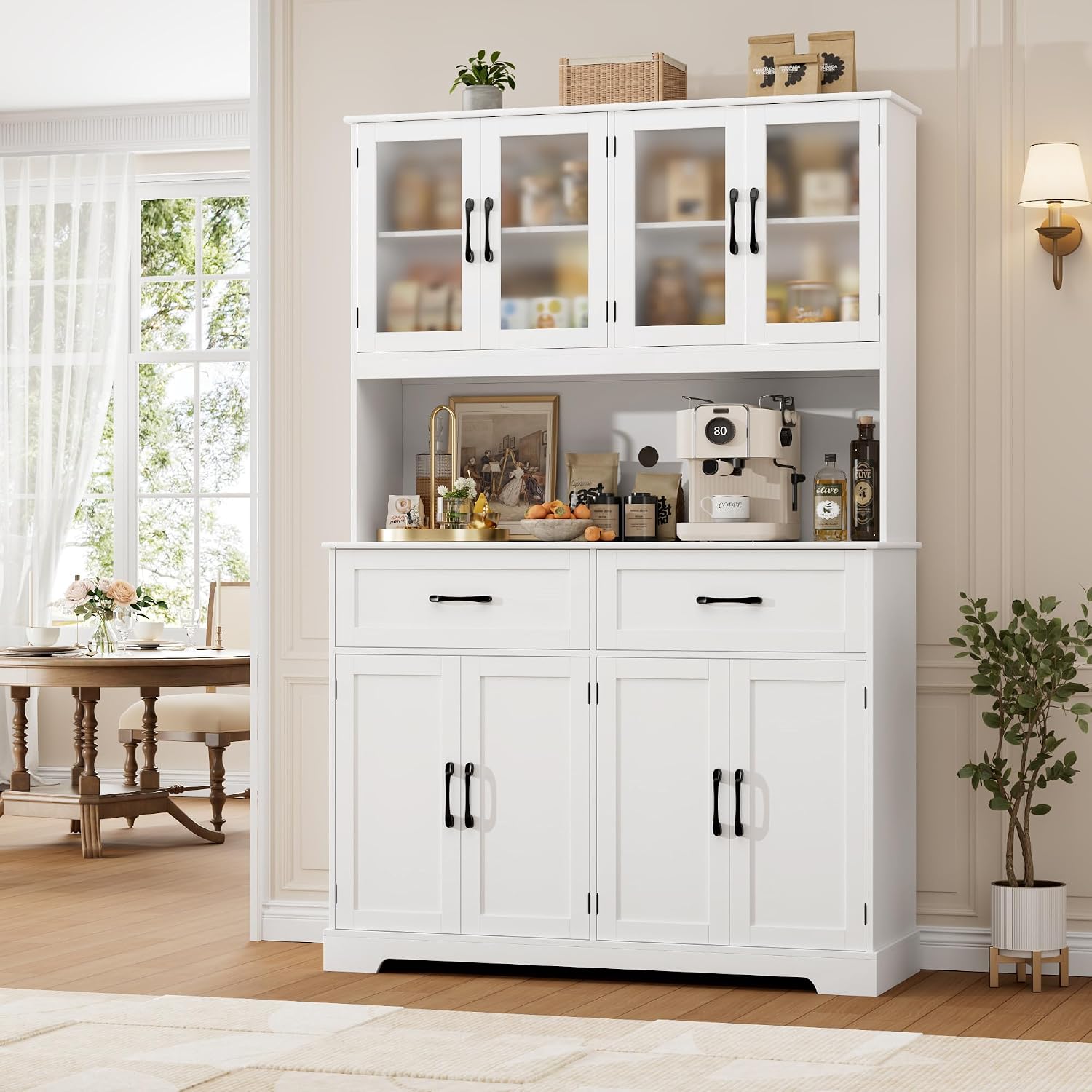 BOTLOG Pantry Storage Cabinet with Microwave Stand, 71' Tall Kitchen Hutch, Large White Pantry Cabinet with Glass Doors for Dining Room