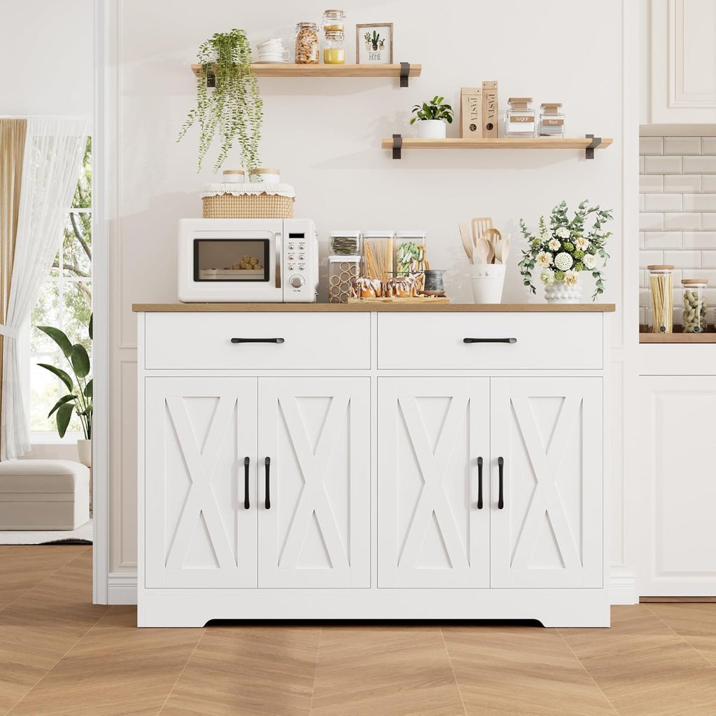 HOSTACK Buffet Cabinet with Storage, 47.2' Kitchen Sideboard Buffet with Drawers, Modern Farmhouse Coffee Bar Station with Shelves, Barn Doors Storage Cabinet for Living Room, White/Rustic Brown