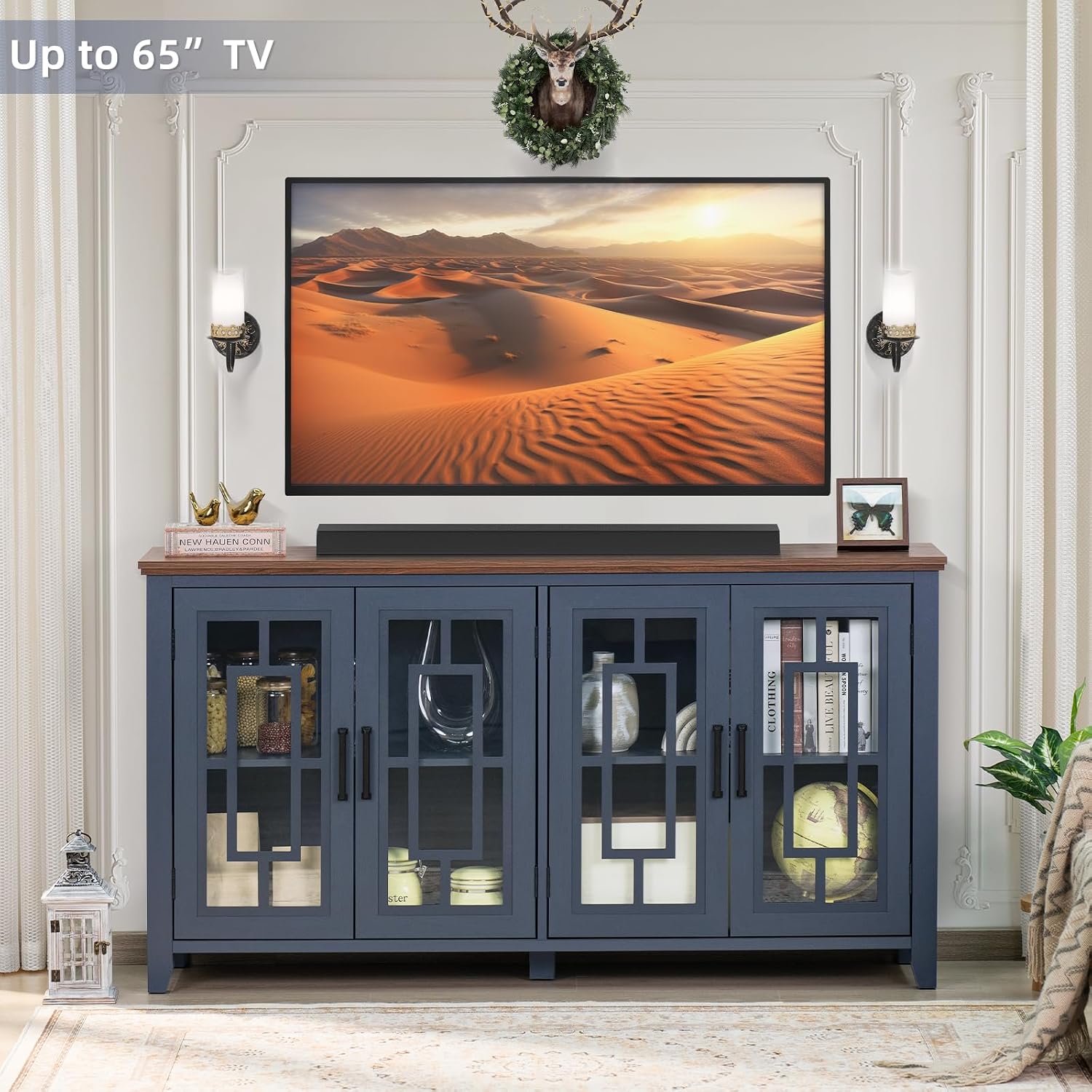 Joaxswe Large Sideboard Buffet Cabinet with Storage, 63' Farmhouse Navy Blue Kitchen Coffee Wine Bar Cabinet with 4 Glass Doors, Mid Century Modern Wood Side Board Table for Dining Room, Living Room